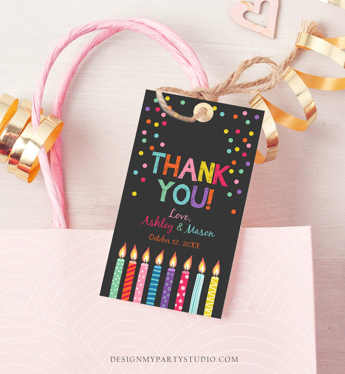 Editable Candles Confetti Favor Tags Joint Twin Birthday Thank You Tags Label Candle Colorful Boy Girl Shower Corjl Template Printable 0277
