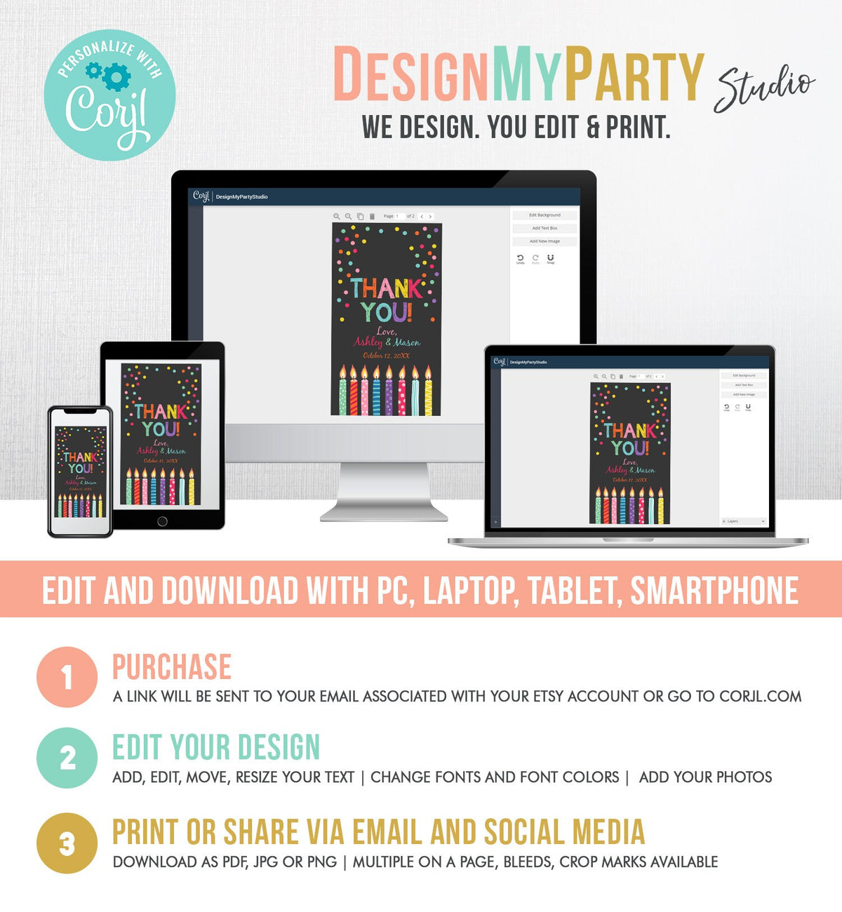 Editable Candles Confetti Favor Tags Joint Twin Birthday Thank You Tags Label Candle Colorful Boy Girl Shower Corjl Template Printable 0277