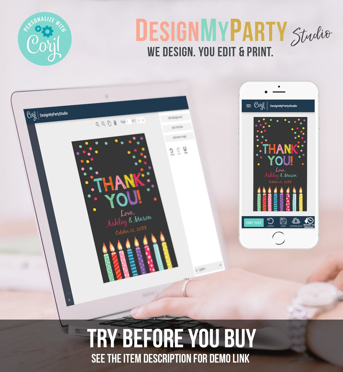 Editable Candles Confetti Favor Tags Joint Twin Birthday Thank You Tags Label Candle Colorful Boy Girl Shower Corjl Template Printable 0277