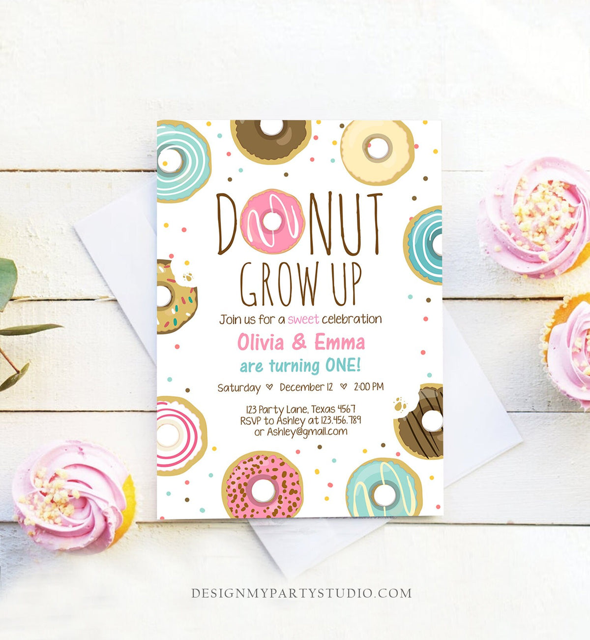 Editable Donut Grow Up Birthday Invitation Twin First Birthday Party Pink Girl Twins Doughnut Sweet Download Printable Template Corjl 0050