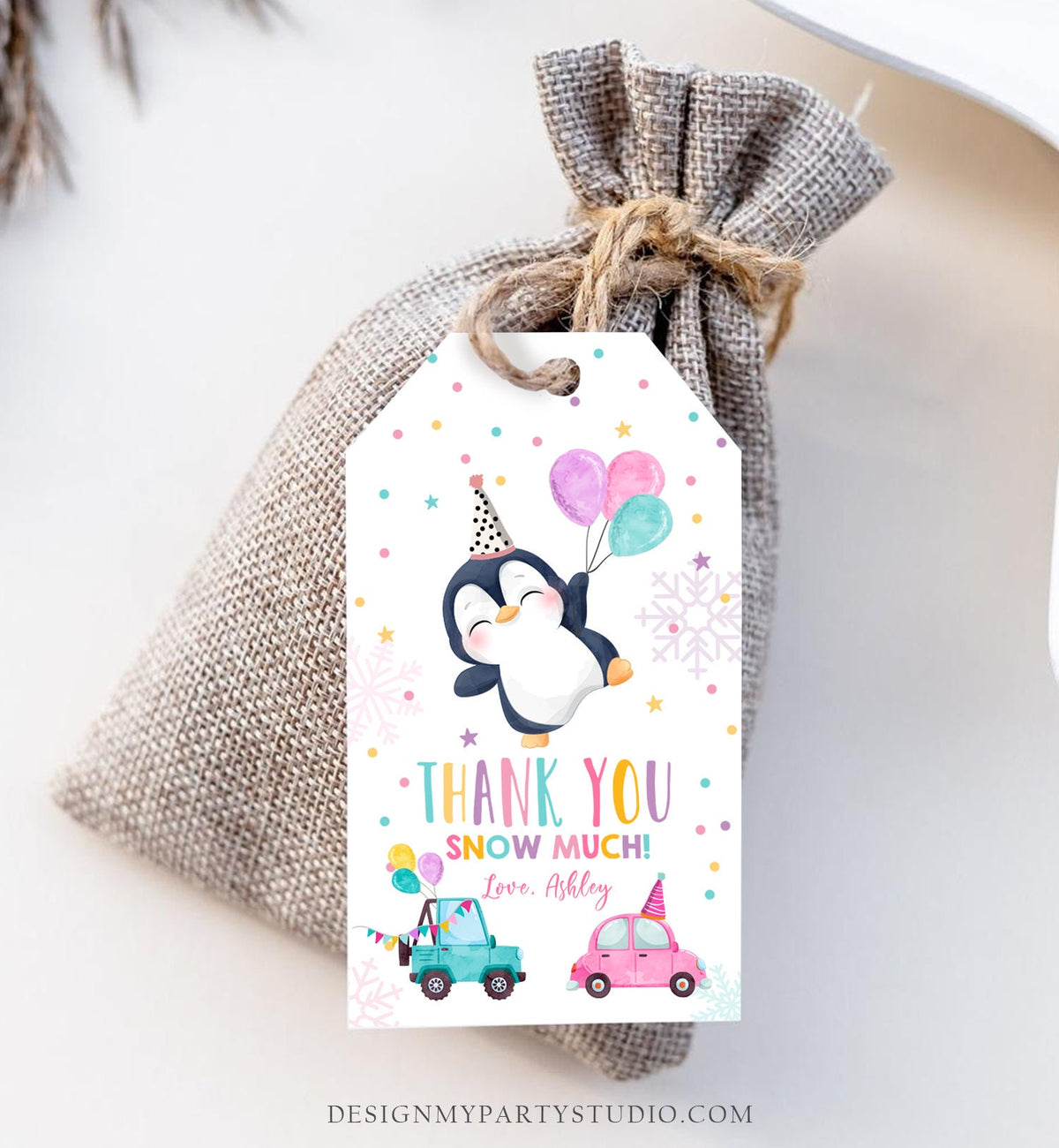 Editable Penguin Favor Tag Drive By Birthday Favors Party Parade Snow Winter Thank You Gift Tags Pink Girl Corjl Template Printable 0372