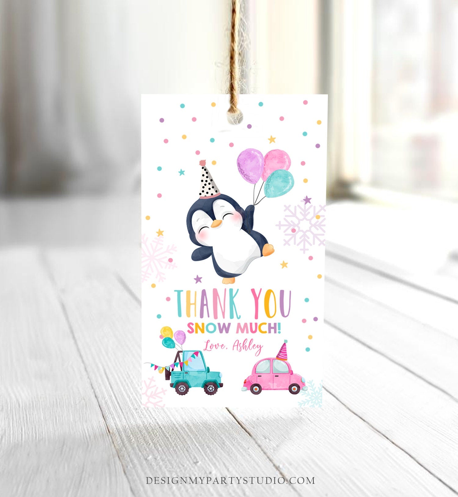 Editable Penguin Favor Tag Drive By Birthday Favors Party Parade Snow Winter Thank You Gift Tags Pink Girl Corjl Template Printable 0372