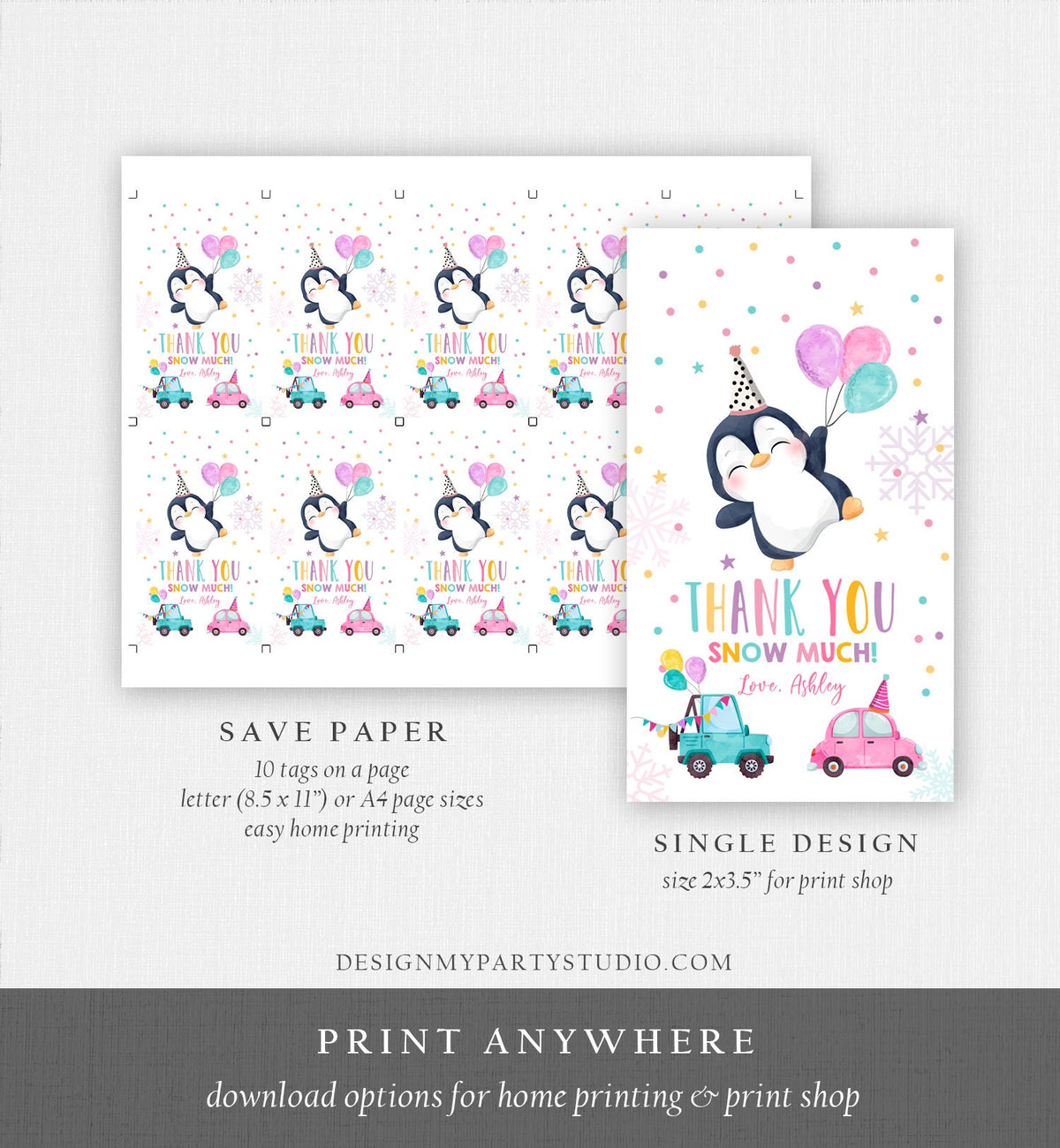 Editable Penguin Favor Tag Drive By Birthday Favors Party Parade Snow Winter Thank You Gift Tags Pink Girl Corjl Template Printable 0372