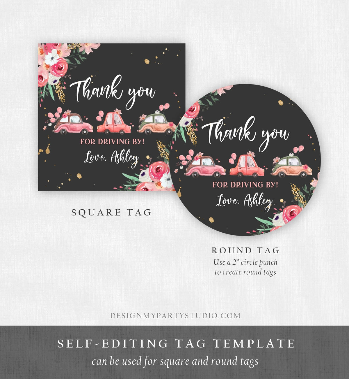Editable Drive By Favor Tag Thank You Driving By Baby Shower Birthday Parade Gift Tags Quarantine Pink Floral Car Girl Corjl Template 0335