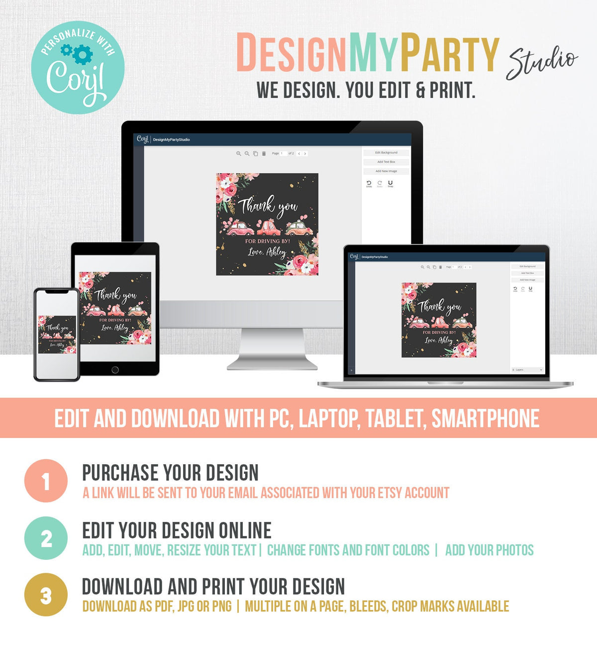 Editable Drive By Favor Tag Thank You Driving By Baby Shower Birthday Parade Gift Tags Quarantine Pink Floral Car Girl Corjl Template 0335