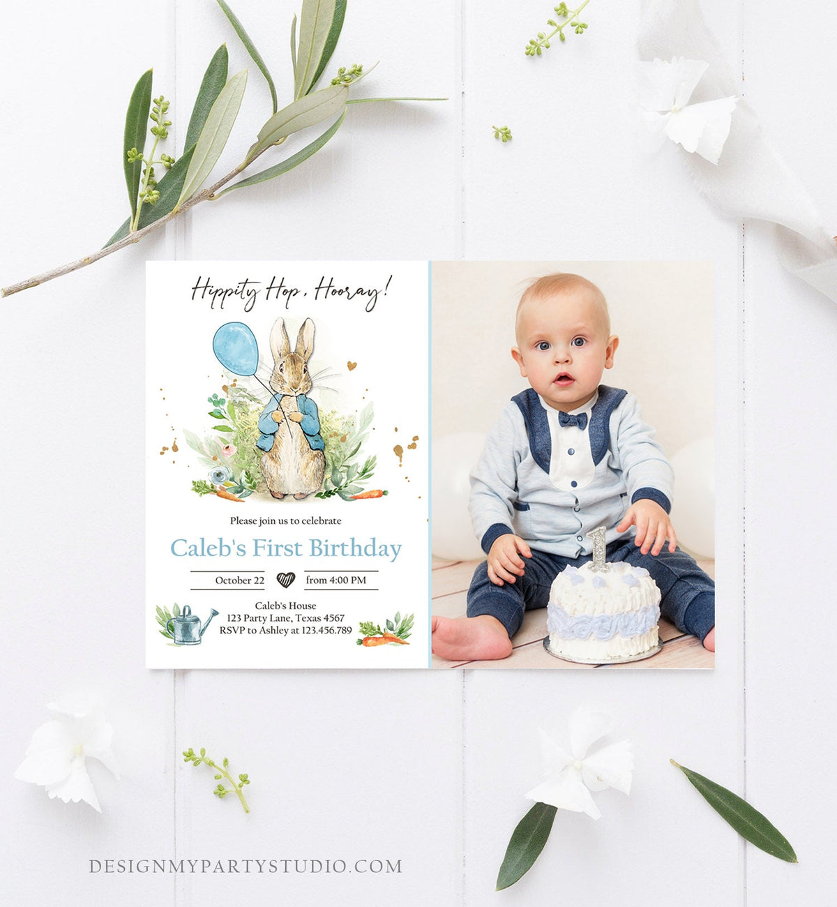 Editable Peter Rabbit Birthday Invitation Boy Blue Rustic Peter Rabbit 1st Birthday Invite Watercolor Digital Corjl Template Printable 0351