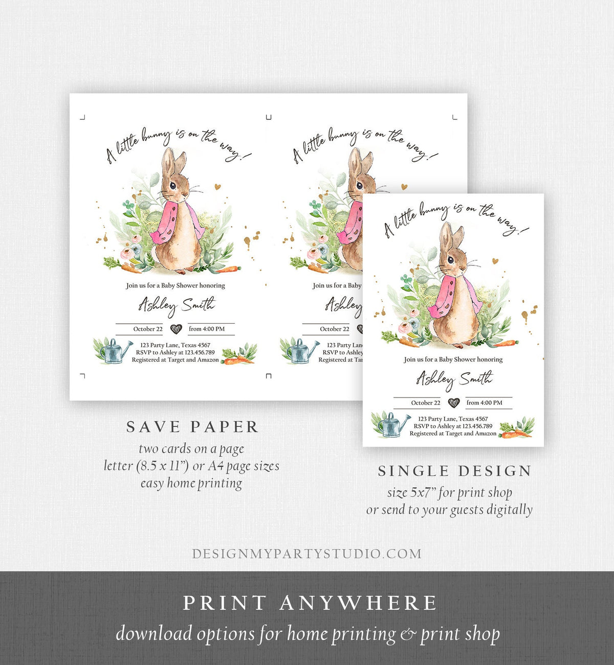 Editable Flopsy Bunny Baby Shower Invitation Girl Pink Rustic Peter Rabbit Invitation Spring Sprinkle Digital Corjl Template Printable 0351