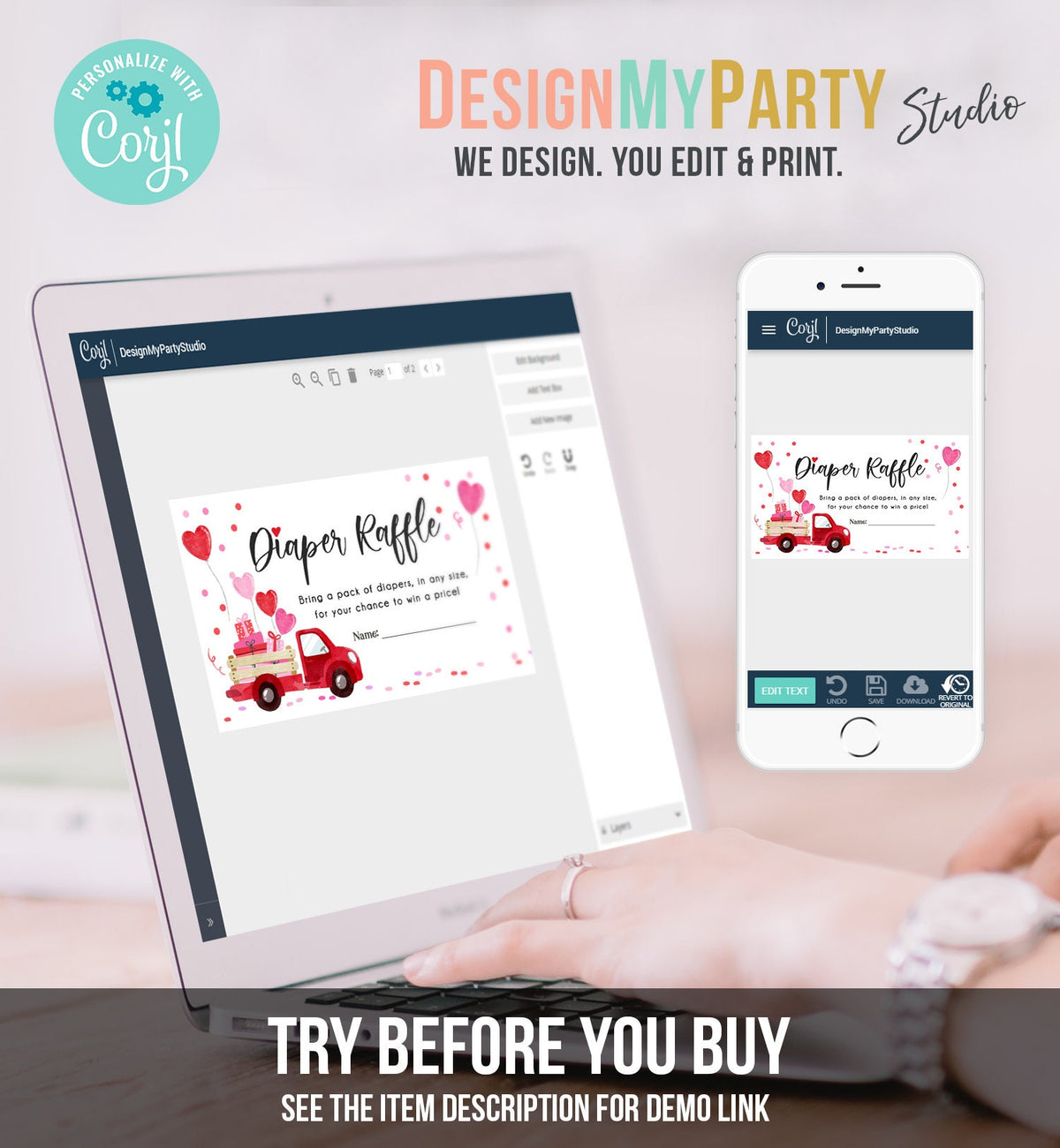 Editable Drive By Diaper Raffle Ticket Sweetheart Valentine Baby Shower Hearts Pink Girl Red Through Truck Diaper Game Corjl Template 0365