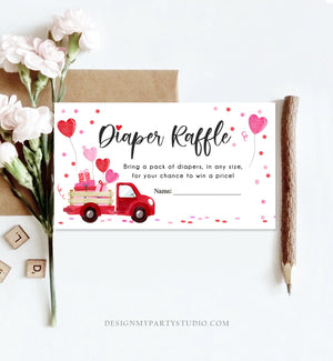 Editable Drive By Diaper Raffle Ticket Sweetheart Valentine Baby Shower Hearts Pink Girl Red Through Truck Diaper Game Corjl Template 0365