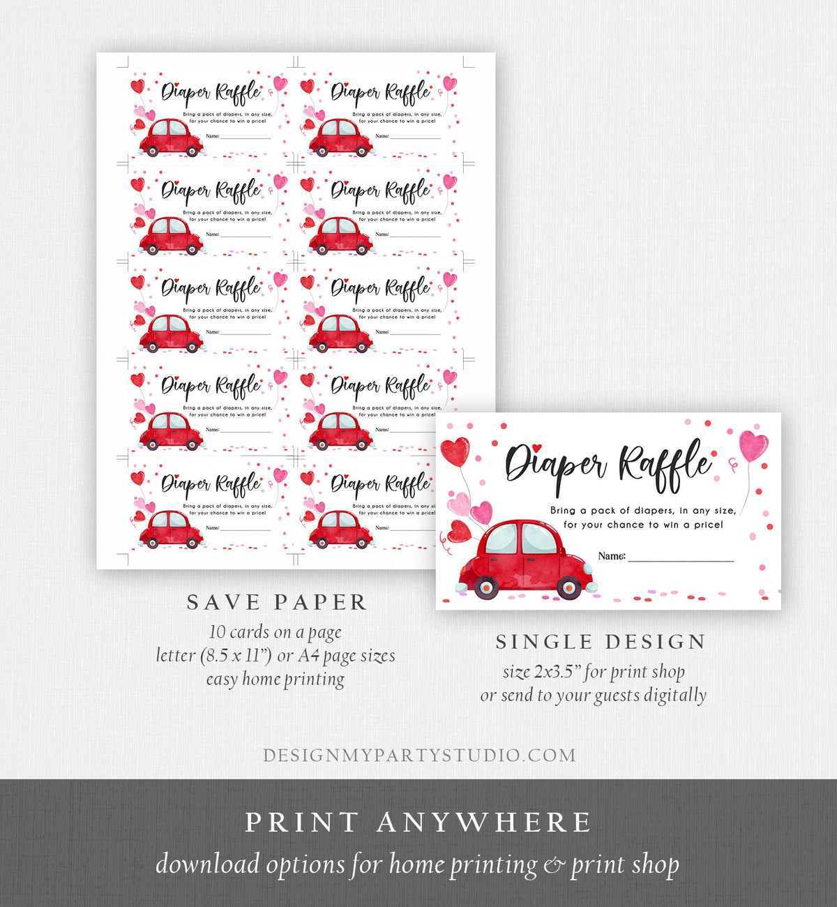 Editable Drive By Diaper Raffle Ticket Sweetheart Valentine Baby Shower Hearts Pink Girl Red Through Car Diaper Game Corjl Template 0365
