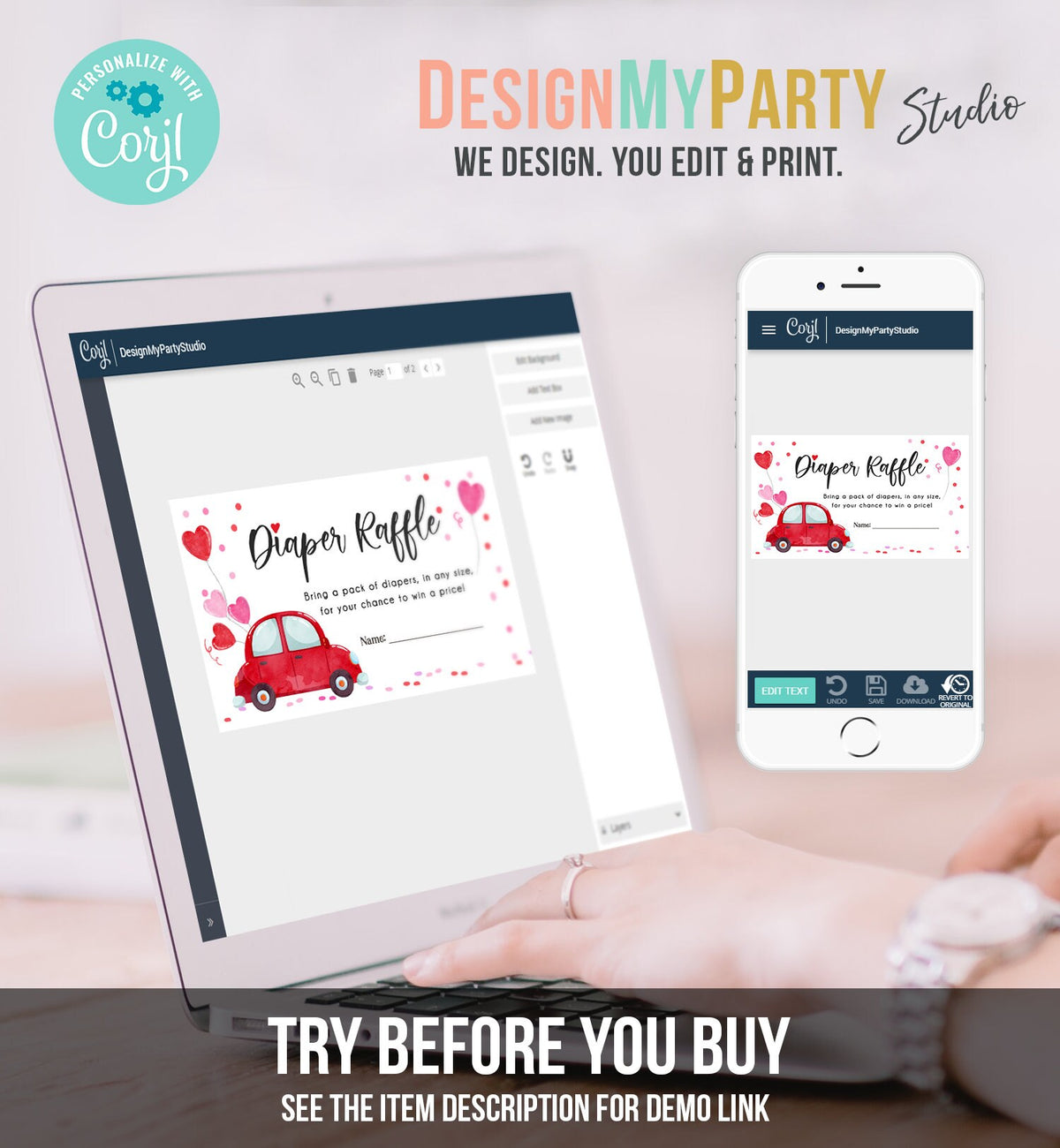 Editable Drive By Diaper Raffle Ticket Sweetheart Valentine Baby Shower Hearts Pink Girl Red Through Car Diaper Game Corjl Template 0365