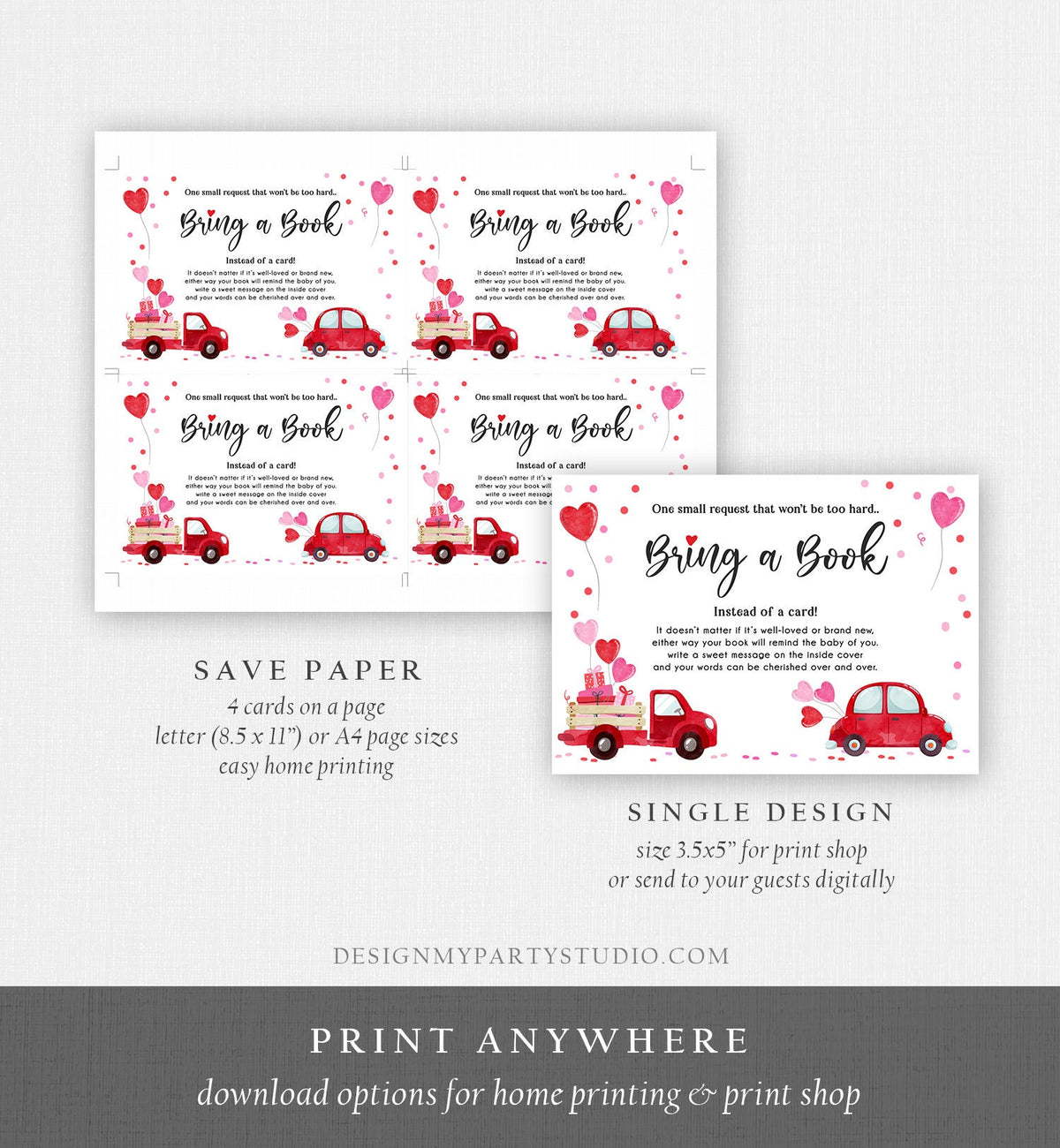 Editable Drive By Bring a Book Card Baby Shower Sweetheart Valentine Pink Girl Drive Through Book Request Car Red Truck Corjl Template 0365