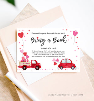 Editable Drive By Bring a Book Card Baby Shower Sweetheart Valentine Pink Girl Drive Through Book Request Car Red Truck Corjl Template 0365