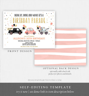 Editable Drive By Birthday Parade Invitation ANY AGE 30th Party Adult Coral Gold Girl Woman Drive Through Quarantine Digital Corjl 0337