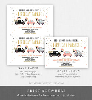 Editable Drive By Birthday Parade Invitation ANY AGE 30th Party Adult Coral Gold Girl Woman Drive Through Quarantine Digital Corjl 0337