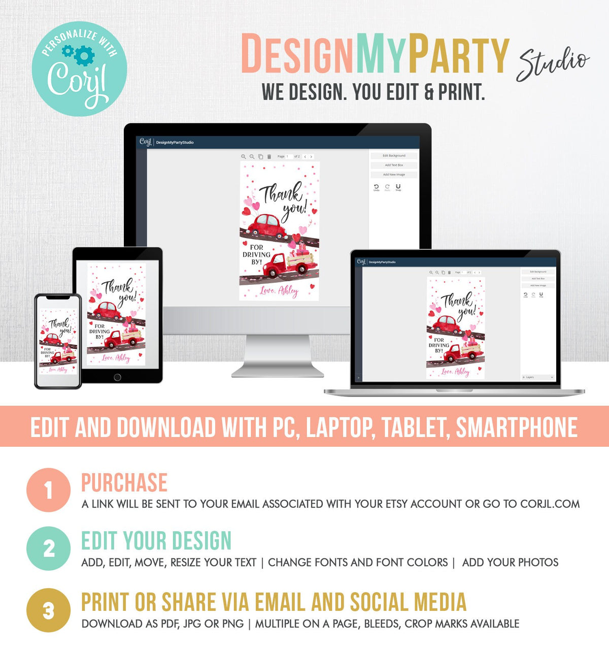 Editable Drive By Favor Tag Sweetheart Valentine Hearts Drive Through Baby Shower Bridal Shower Birthday Thank You Gift Tags Girl Corjl 0365