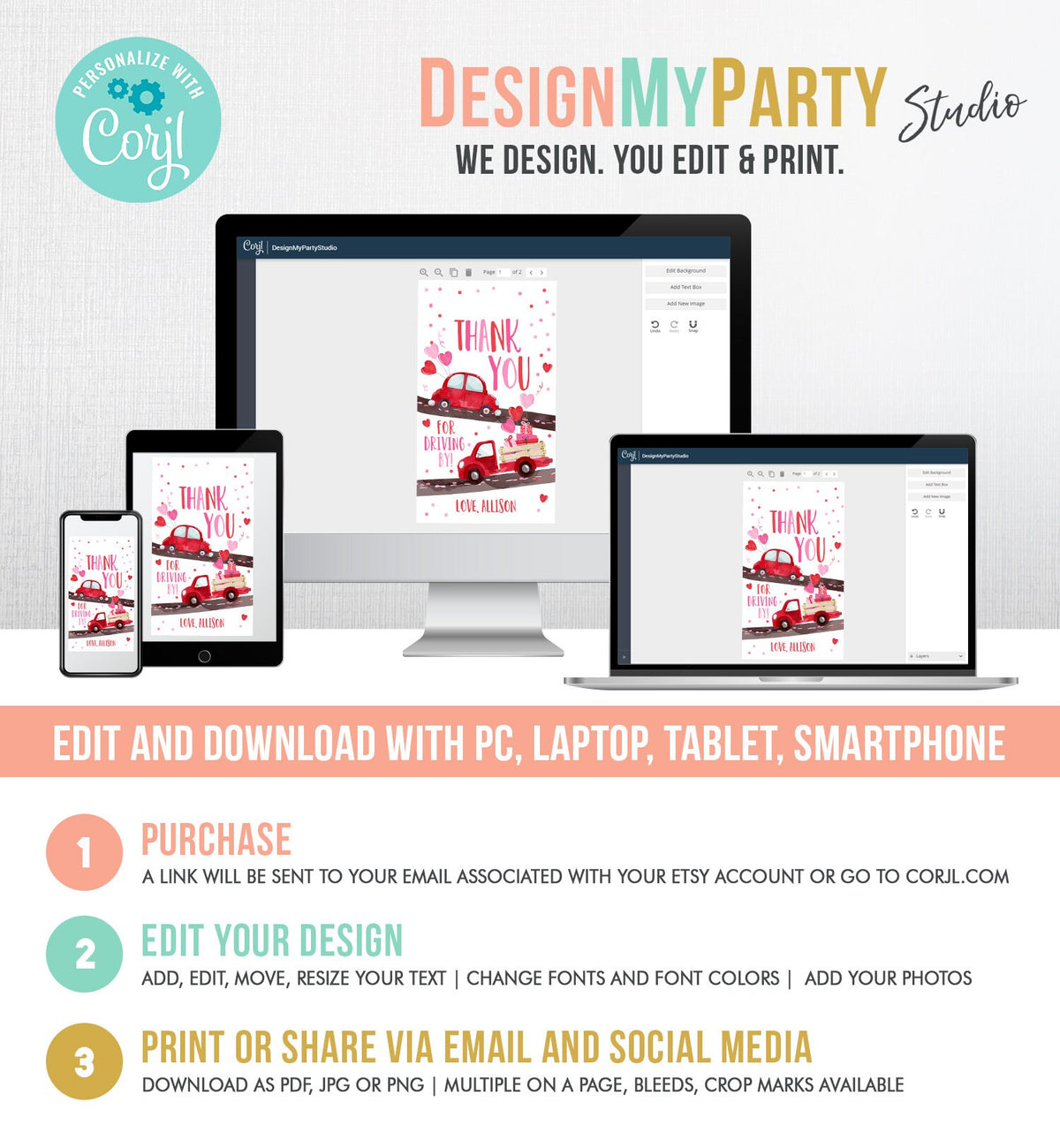 Editable Drive By Favor Tag Sweetheart Valentine Hearts Drive Through Baby Shower Bridal Shower Birthday Thank You Gift Tags Girl Corjl 0365