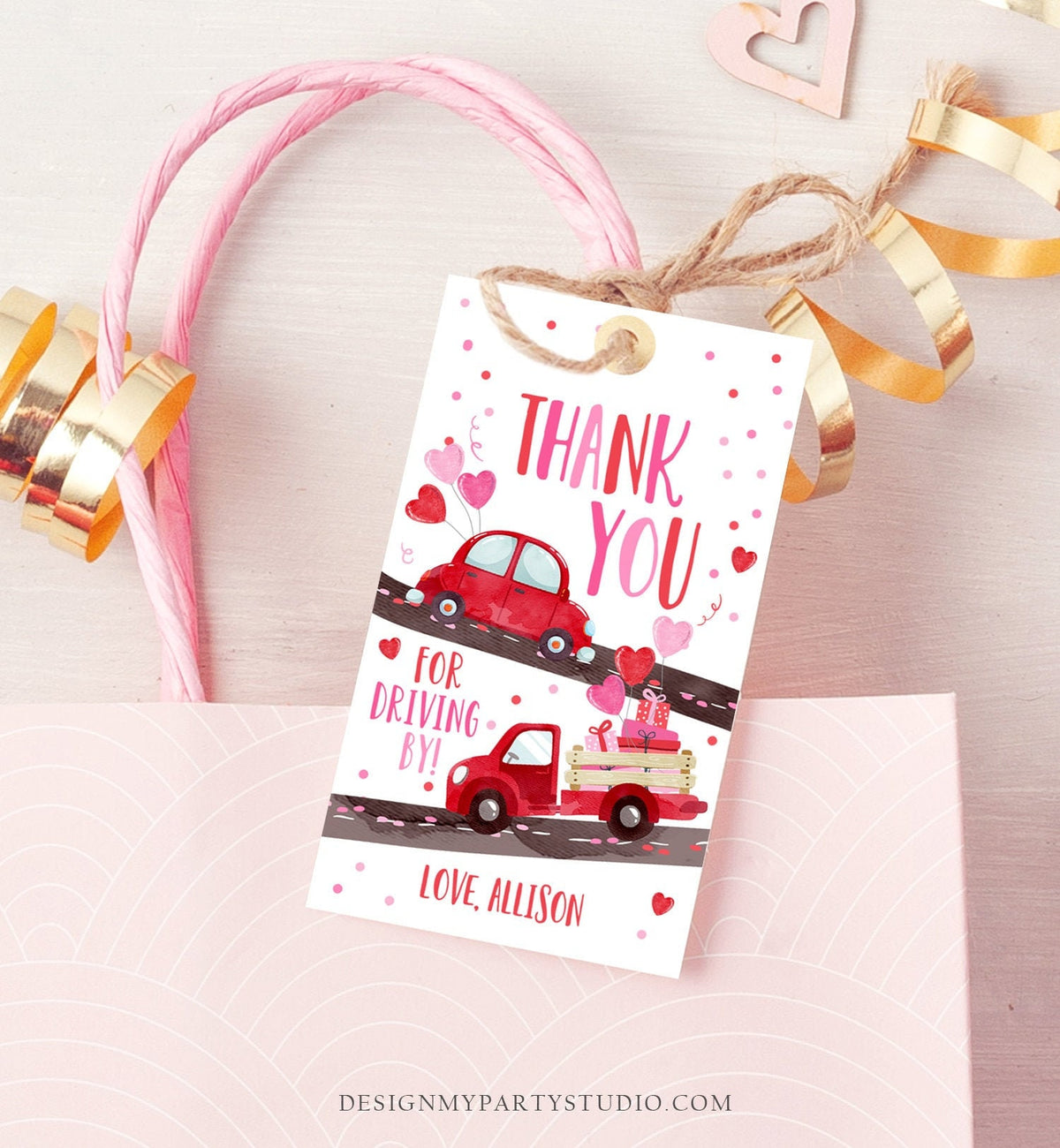 Editable Drive By Favor Tag Sweetheart Valentine Hearts Drive Through Baby Shower Bridal Shower Birthday Thank You Gift Tags Girl Corjl 0365