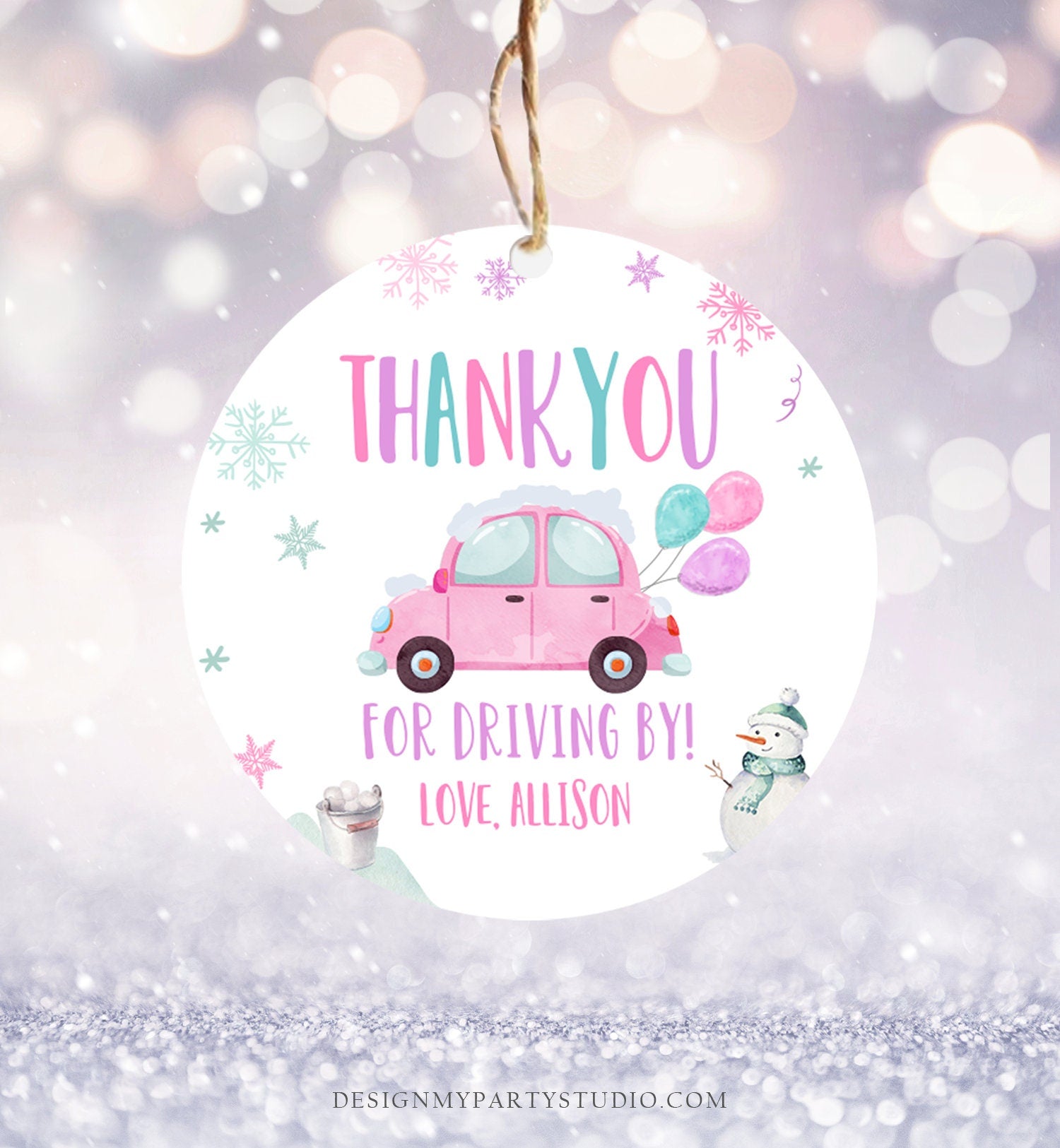 Editable Winter Drive By Favor Tag Drive By Birthday Party Parade Thank You Gift Tags Round Square Pink Girl Corjl Template Printable 0333