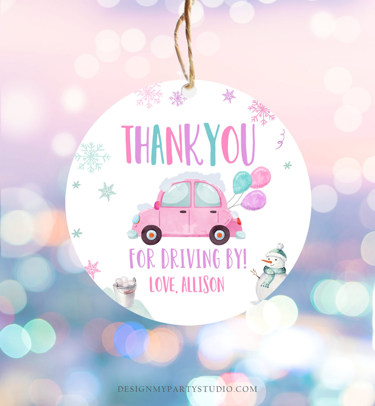 Editable Winter Drive By Favor Tag Drive By Birthday Party Parade Thank You Gift Tags Round Square Pink Girl Corjl Template Printable 0333
