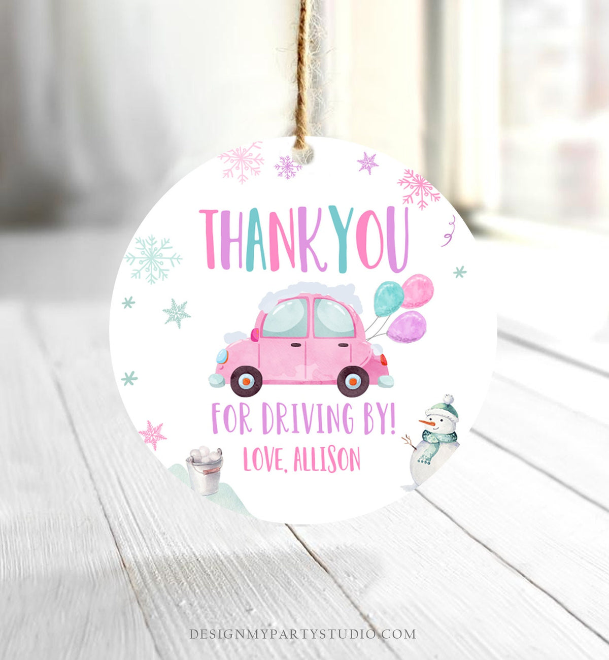 Editable Winter Drive By Favor Tag Drive By Birthday Party Parade Thank You Gift Tags Round Square Pink Girl Corjl Template Printable 0333