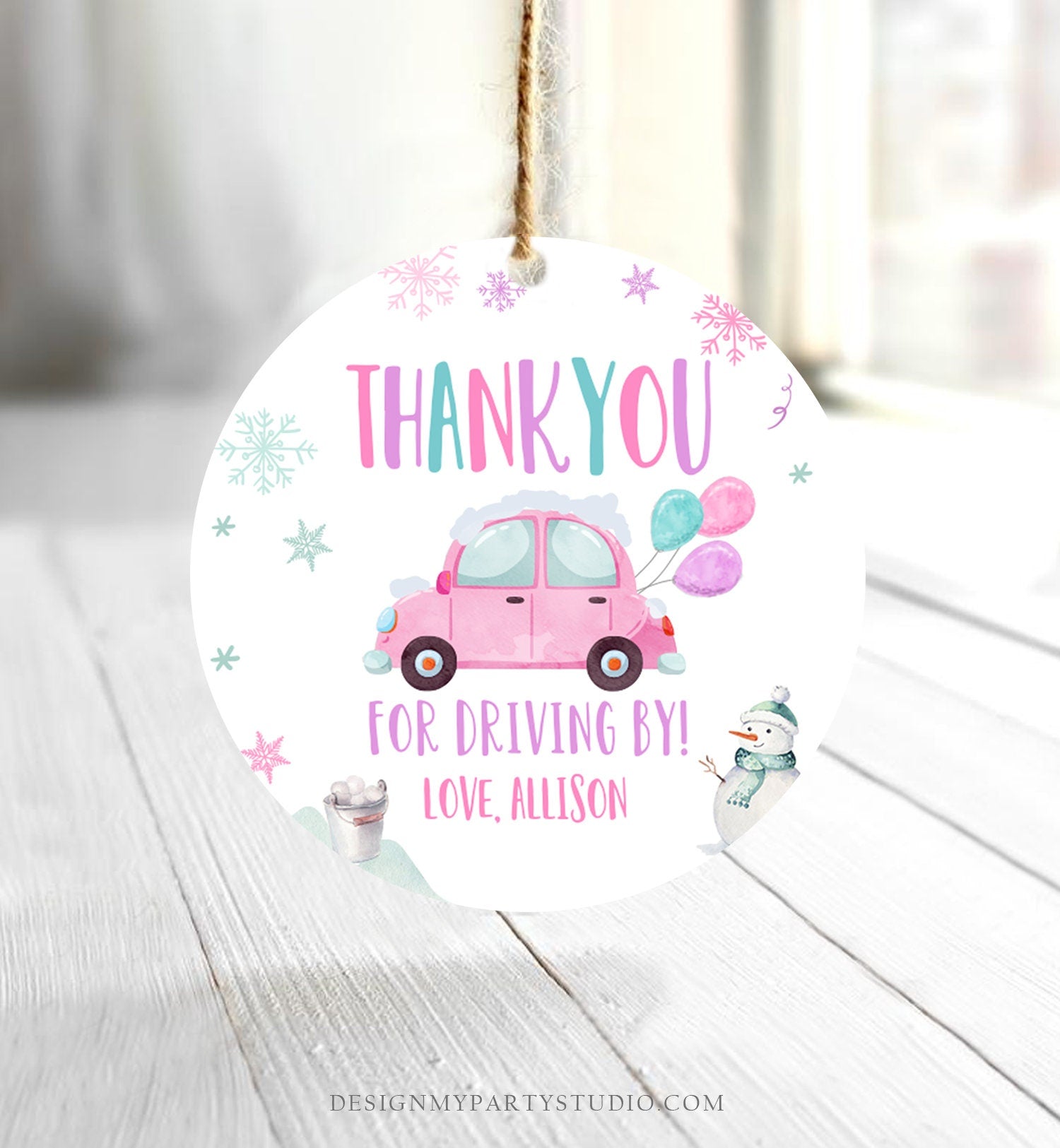Editable Winter Drive By Favor Tag Drive By Birthday Party Parade Thank You Gift Tags Round Square Pink Girl Corjl Template Printable 0333