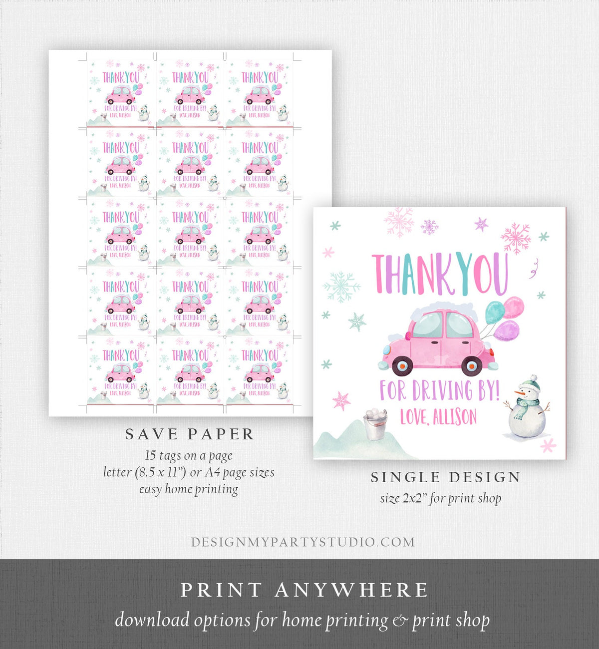 Editable Winter Drive By Favor Tag Drive By Birthday Party Parade Thank You Gift Tags Round Square Pink Girl Corjl Template Printable 0333