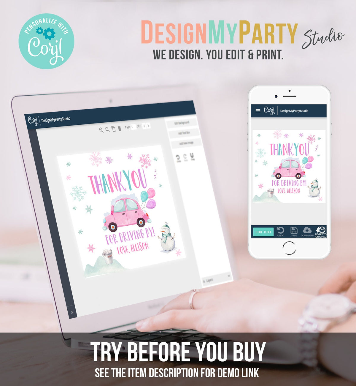 Editable Winter Drive By Favor Tag Drive By Birthday Party Parade Thank You Gift Tags Round Square Pink Girl Corjl Template Printable 0333