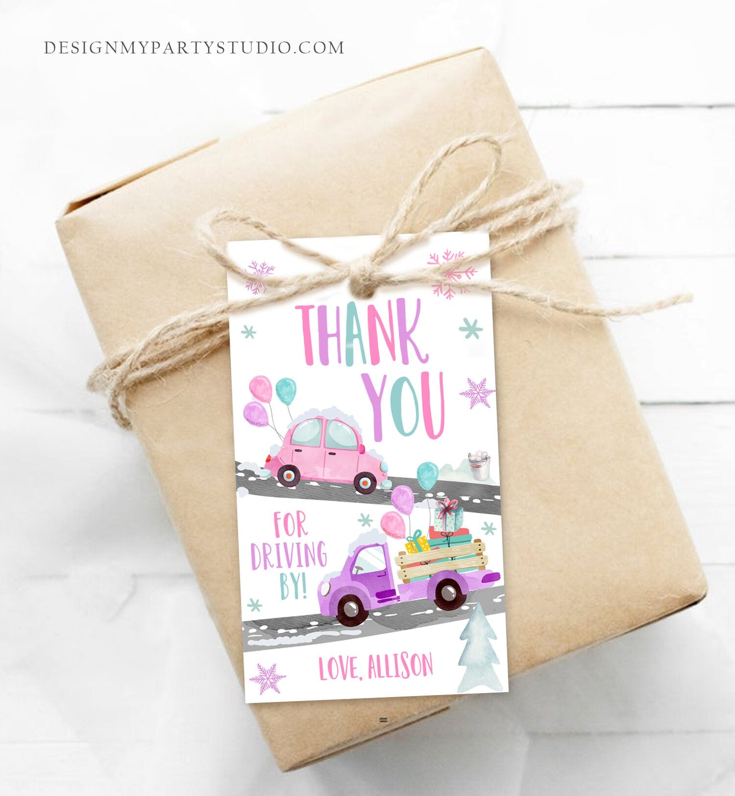 Editable Winter Drive By Favor Tag Drive By Birthday Party Parade Thank You Gift Tags Round Square Pink Girl Corjl Template Printable 0333