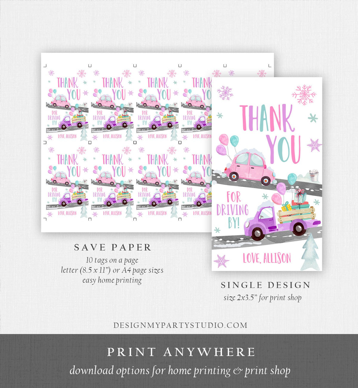 Editable Winter Drive By Favor Tag Drive By Birthday Party Parade Thank You Gift Tags Round Square Pink Girl Corjl Template Printable 0333