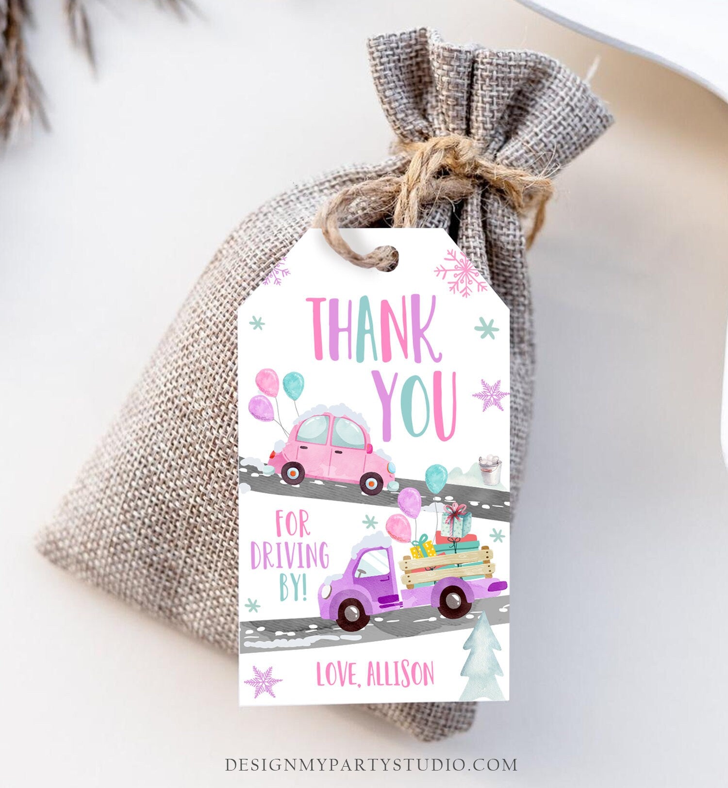 Editable Winter Drive By Favor Tag Drive By Birthday Party Parade Thank You Gift Tags Round Square Pink Girl Corjl Template Printable 0333