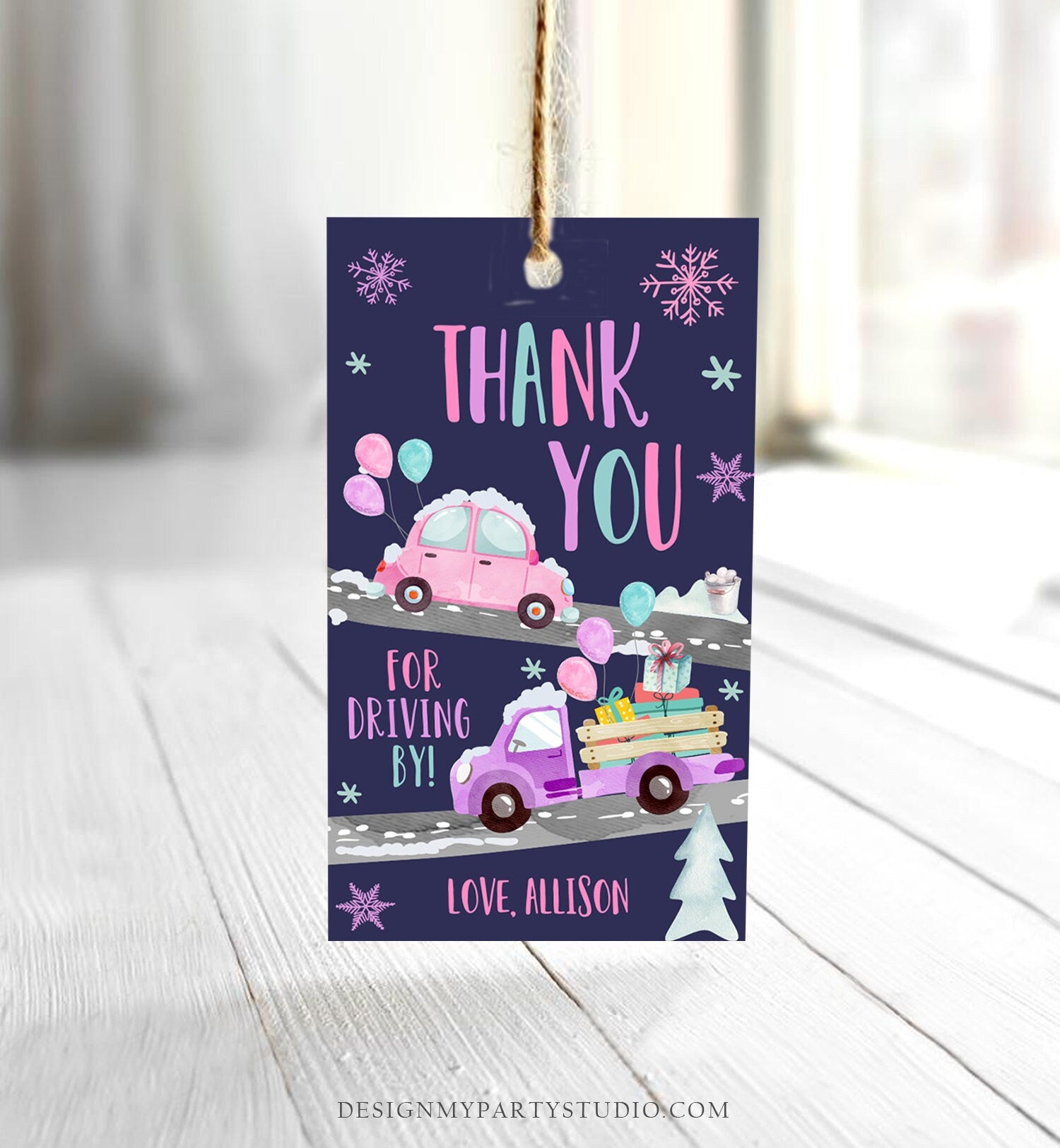 Editable Winter Drive By Favor Tag Drive By Birthday Party Parade Thank You Gift Tags Through Pink Girl Corjl Template Printable 0333