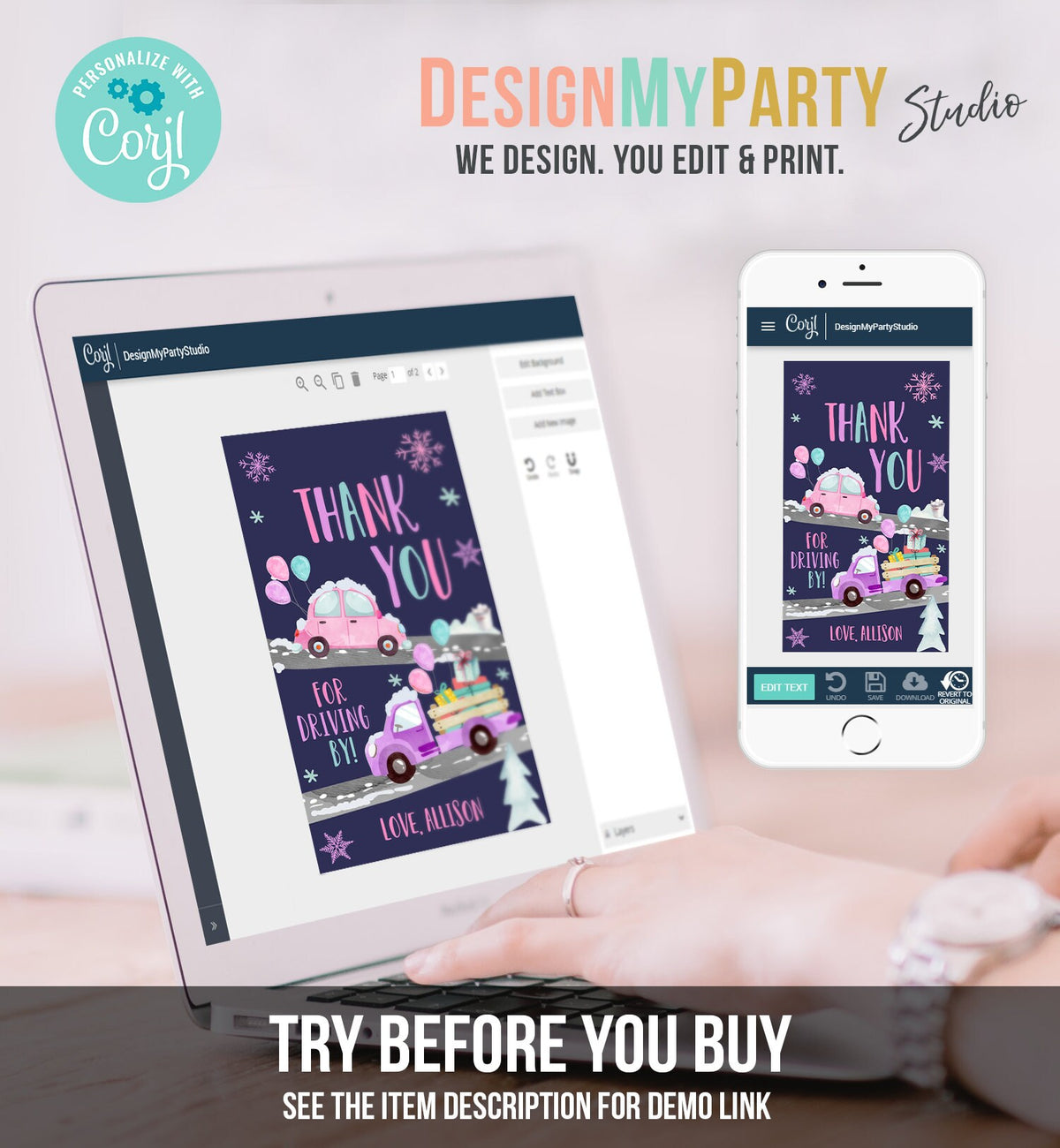 Editable Winter Drive By Favor Tag Drive By Birthday Party Parade Thank You Gift Tags Through Pink Girl Corjl Template Printable 0333