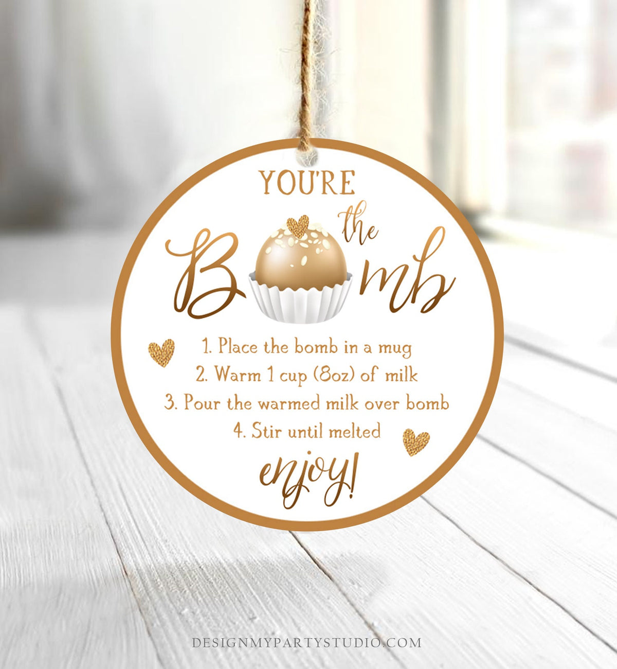 Editable Hot Chocolate Bomb Tag Valentine&#39;s Day Hot Cocoa Bomb You&#39;re The Bomb Heart Gold Valentine Gift Tag Digital Download Printable 0370