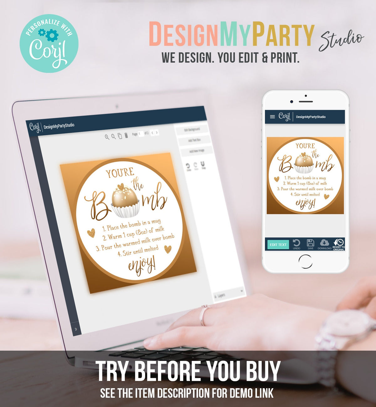 Editable Hot Chocolate Bomb Tag Valentine&#39;s Day Hot Cocoa Bomb You&#39;re The Bomb Heart Gold Valentine Gift Tag Digital Download Printable 0370