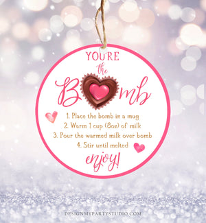 Editable Hot Chocolate Bomb Tag Valentine's Day Hot Cocoa Bomb You're The Bomb Heart Pink Valentine Gift Tag Digital Download Printable 0370