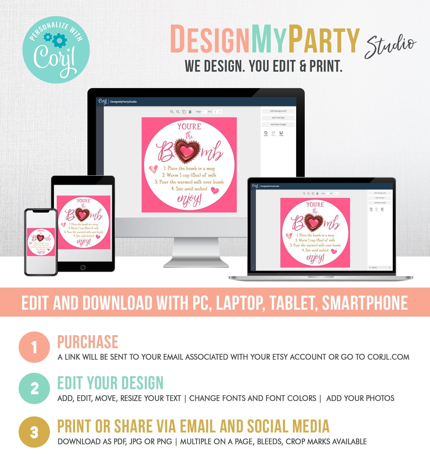 Editable Hot Chocolate Bomb Tag Valentine's Day Hot Cocoa Bomb You're The Bomb Heart Pink Valentine Gift Tag Digital Download Printable 0370