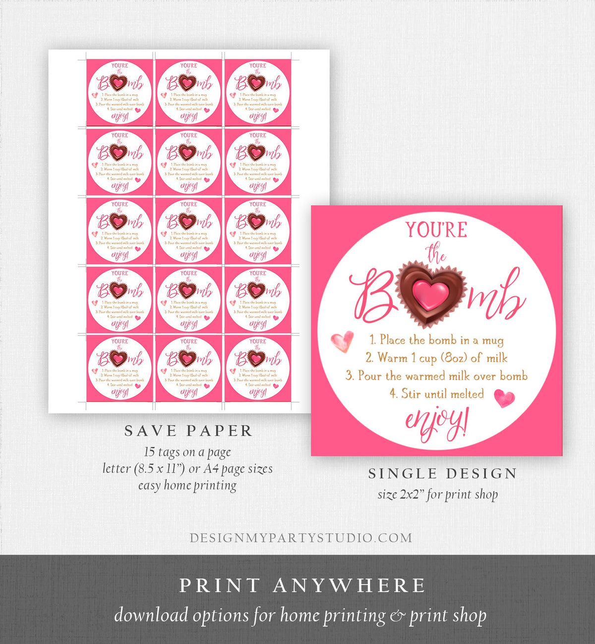 Editable Hot Chocolate Bomb Tag Valentine&#39;s Day Hot Cocoa Bomb You&#39;re The Bomb Heart Pink Valentine Gift Tag Digital Download Printable 0370