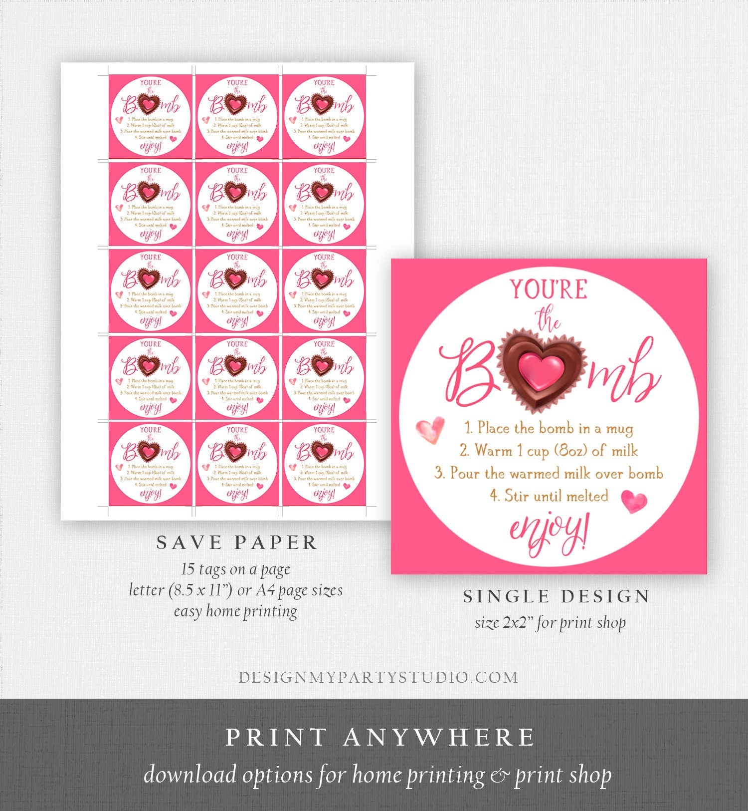 Editable Hot Chocolate Bomb Tag Valentine's Day Hot Cocoa Bomb You're The Bomb Heart Pink Valentine Gift Tag Digital Download Printable 0370