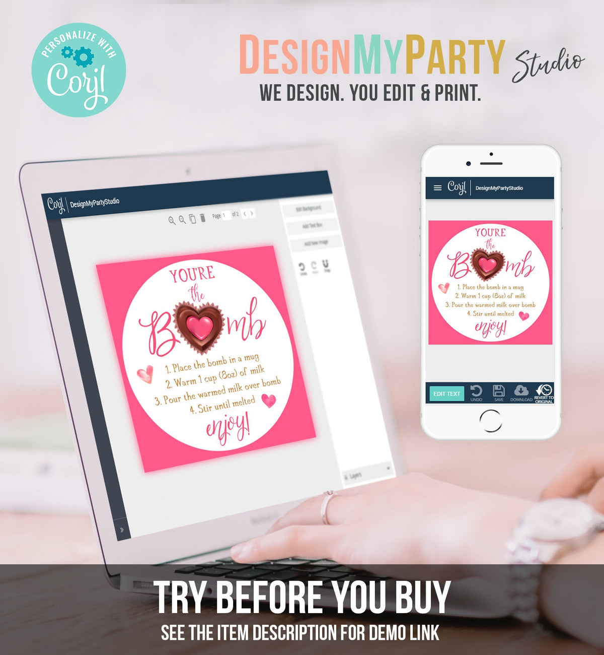 Editable Hot Chocolate Bomb Tag Valentine&#39;s Day Hot Cocoa Bomb You&#39;re The Bomb Heart Pink Valentine Gift Tag Digital Download Printable 0370