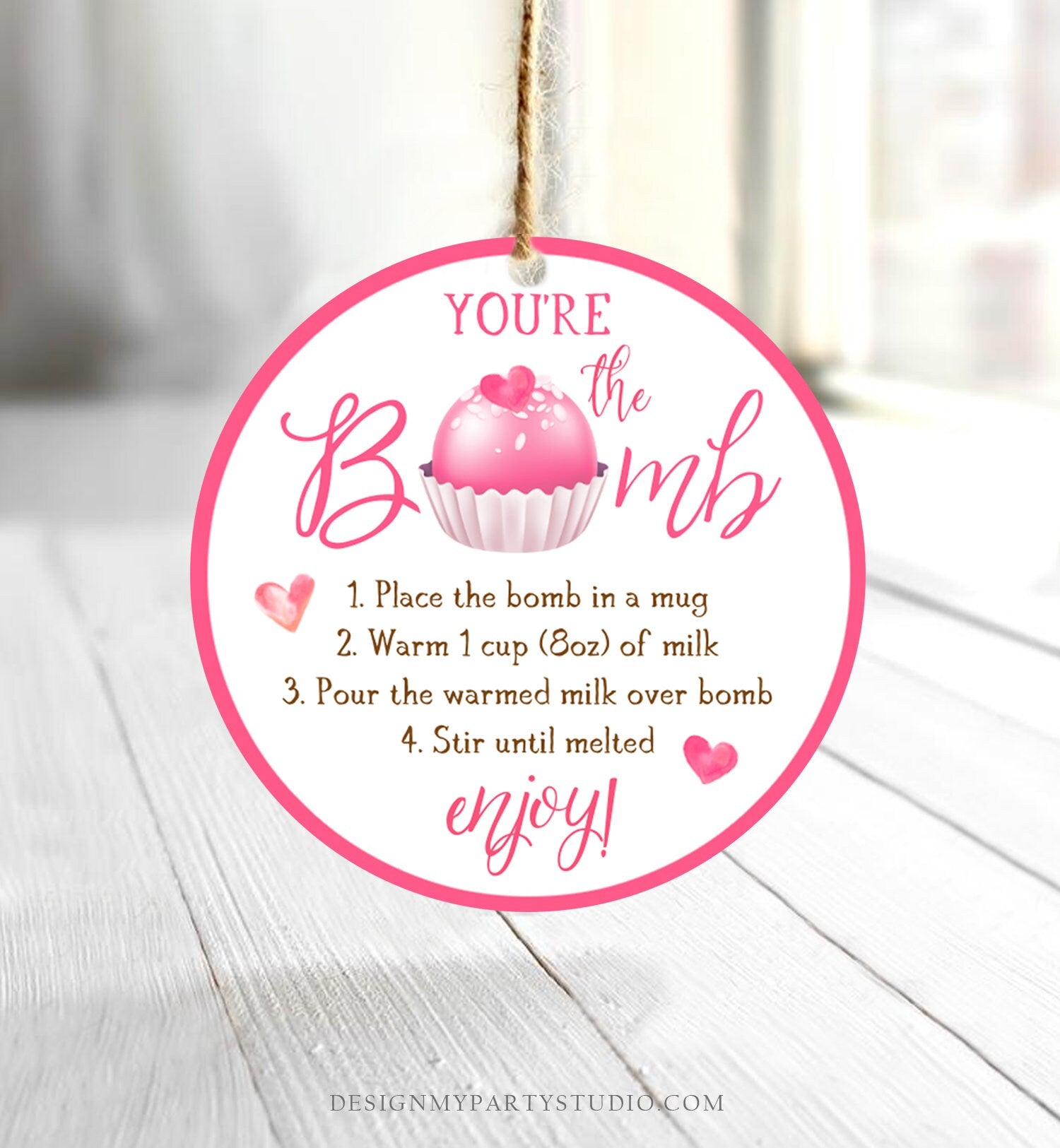 Editable Hot Chocolate Bomb Tag Valentine's Day Hot Cocoa Bomb You're The Bomb Heart Pink Valentine Gift Tag Digital Download Printable 0370