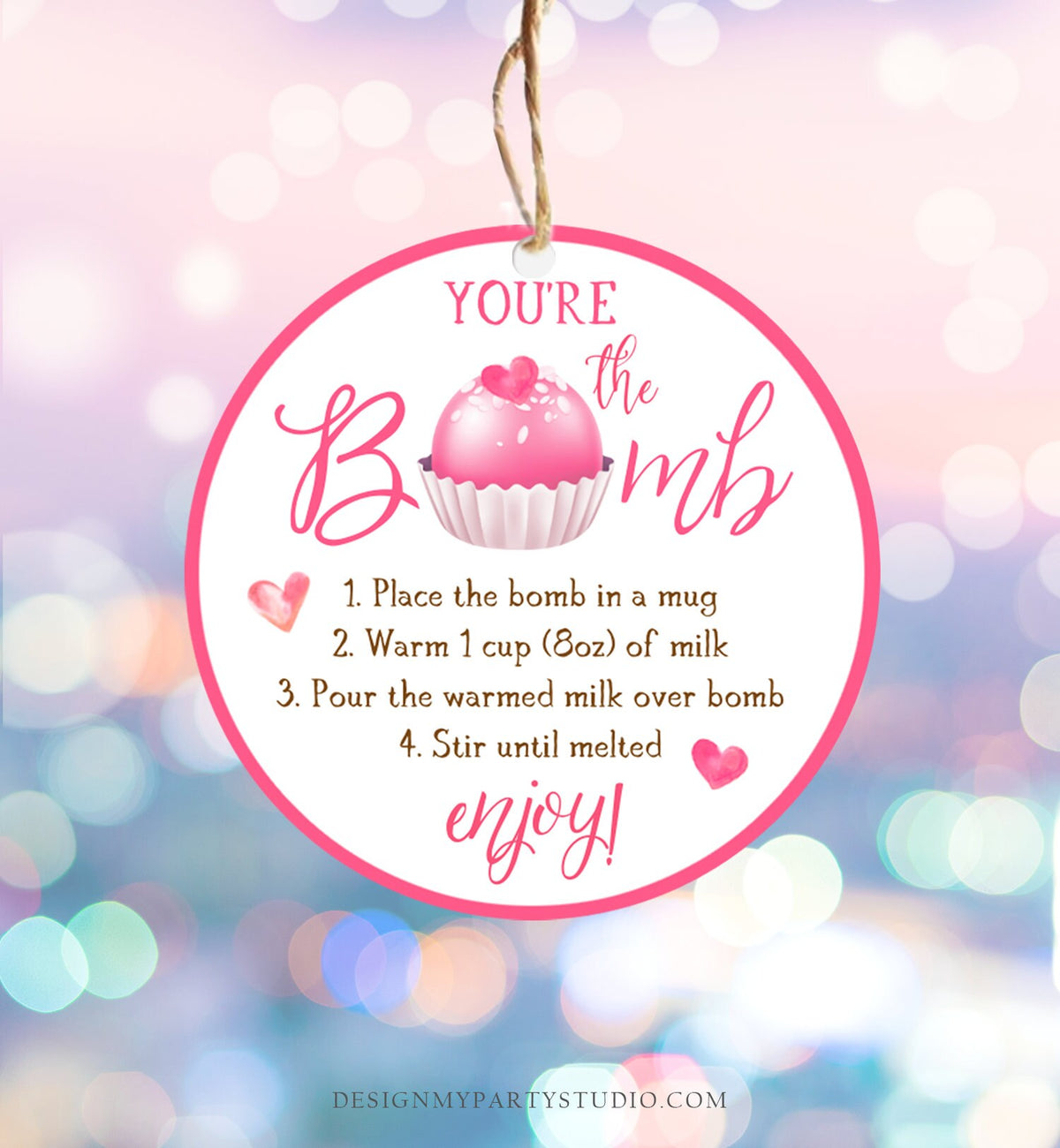 Editable Hot Chocolate Bomb Tag Valentine&#39;s Day Hot Cocoa Bomb You&#39;re The Bomb Heart Pink Valentine Gift Tag Digital Download Printable 0370