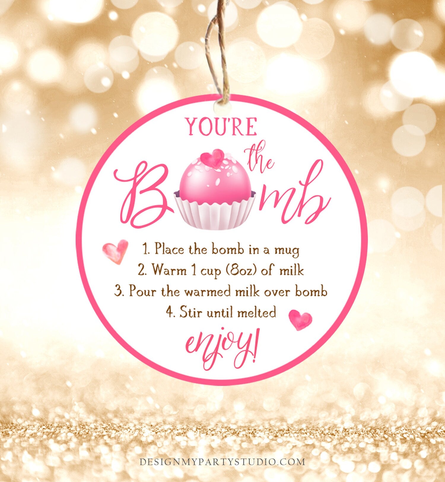 Editable Hot Chocolate Bomb Tag Valentine's Day Hot Cocoa Bomb You're The Bomb Heart Pink Valentine Gift Tag Digital Download Printable 0370