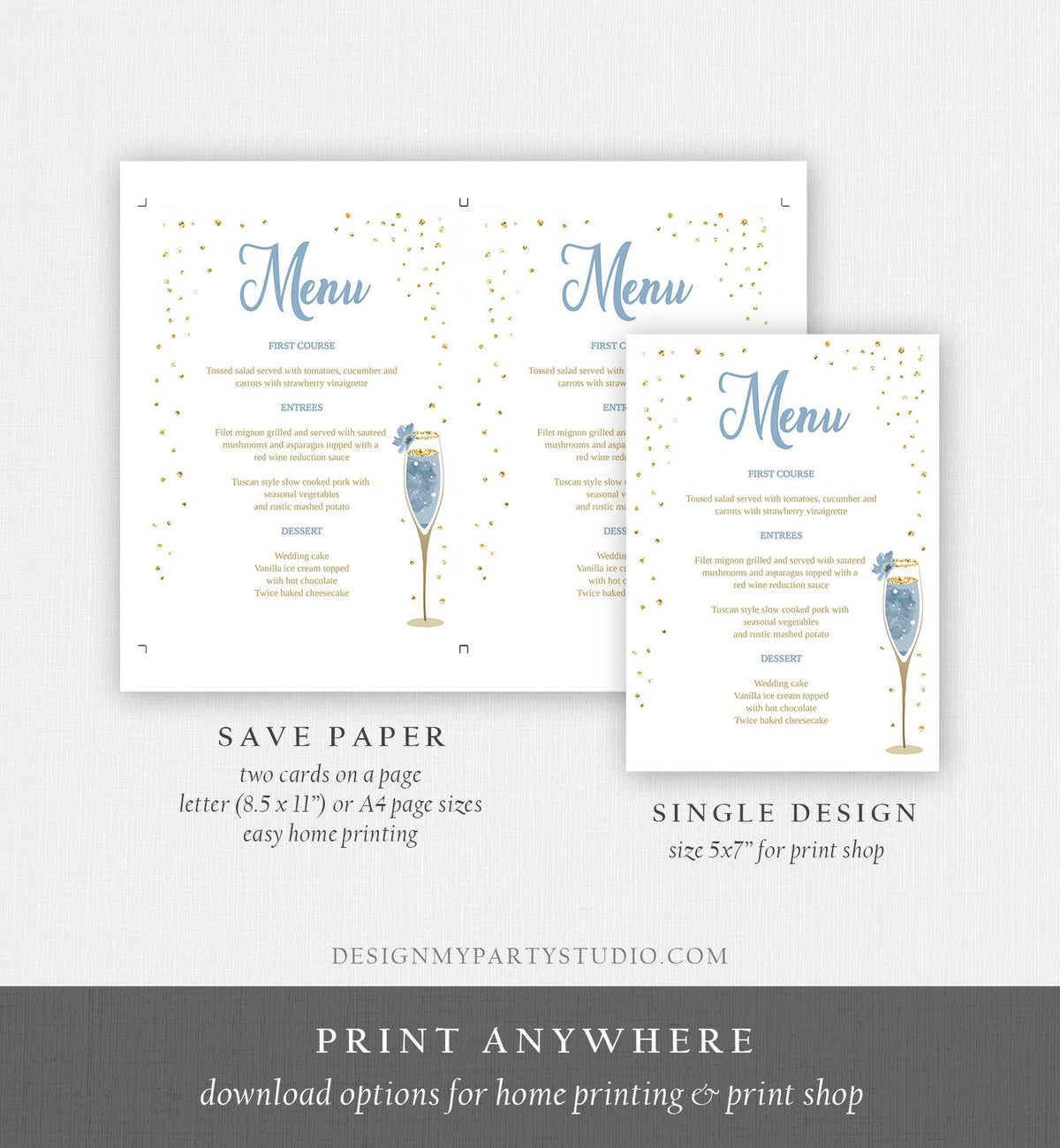 Editable Brunch and Bubbly Menu Card Bridal Shower Blue Champagne Gold Confetti Wedding Menu Floral Download Corjl Template Printable 0150
