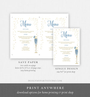 Editable Brunch and Bubbly Menu Card Bridal Shower Blue Champagne Gold Confetti Wedding Menu Floral Download Corjl Template Printable 0150