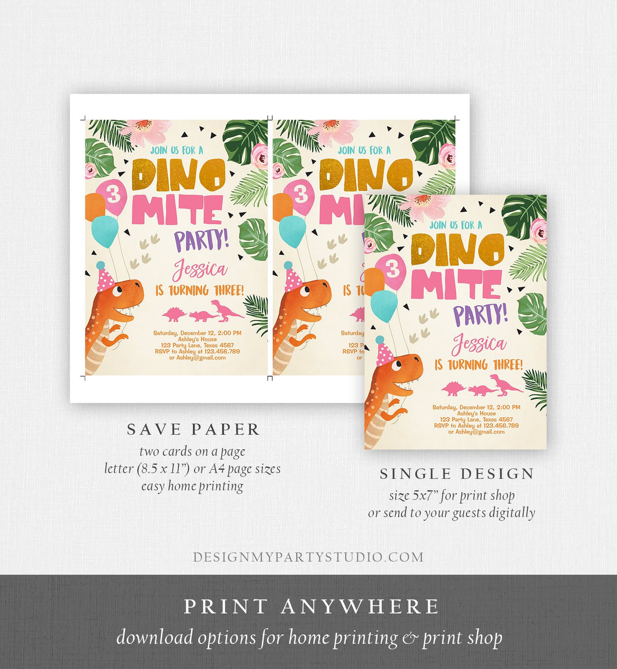 Editable Gold Dinosaur Birthday Invitation ANY AGE Dino Party T-Rex Prehistoric Rawr Girl Pink Gold Download Printable Corjl Template 0074