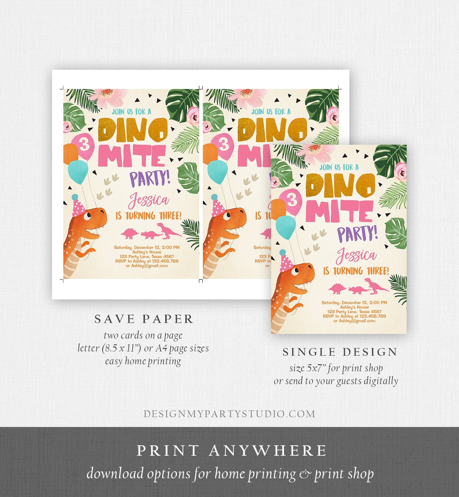 Editable Gold Dinosaur Birthday Invitation ANY AGE Dino Party T-Rex Prehistoric Rawr Girl Pink Gold Download Printable Corjl Template 0074