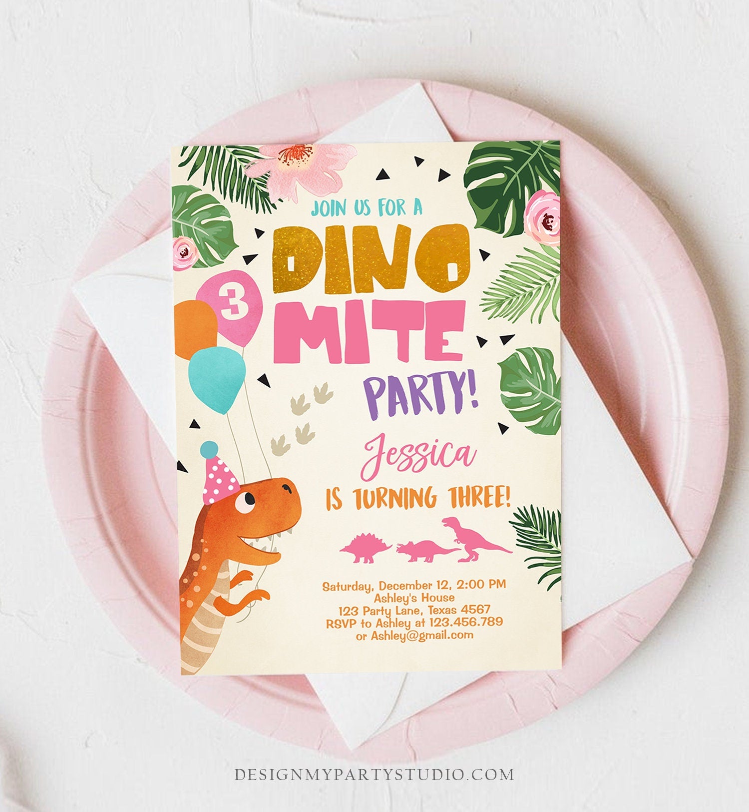 Editable Gold Dinosaur Birthday Invitation ANY AGE Dino Party T-Rex Prehistoric Rawr Girl Pink Gold Download Printable Corjl Template 0074