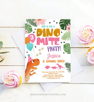 Editable Gold Dinosaur Birthday Invitation ANY AGE Dino Party T-Rex Prehistoric Rawr Girl Pink Gold Download Printable Corjl Template 0074