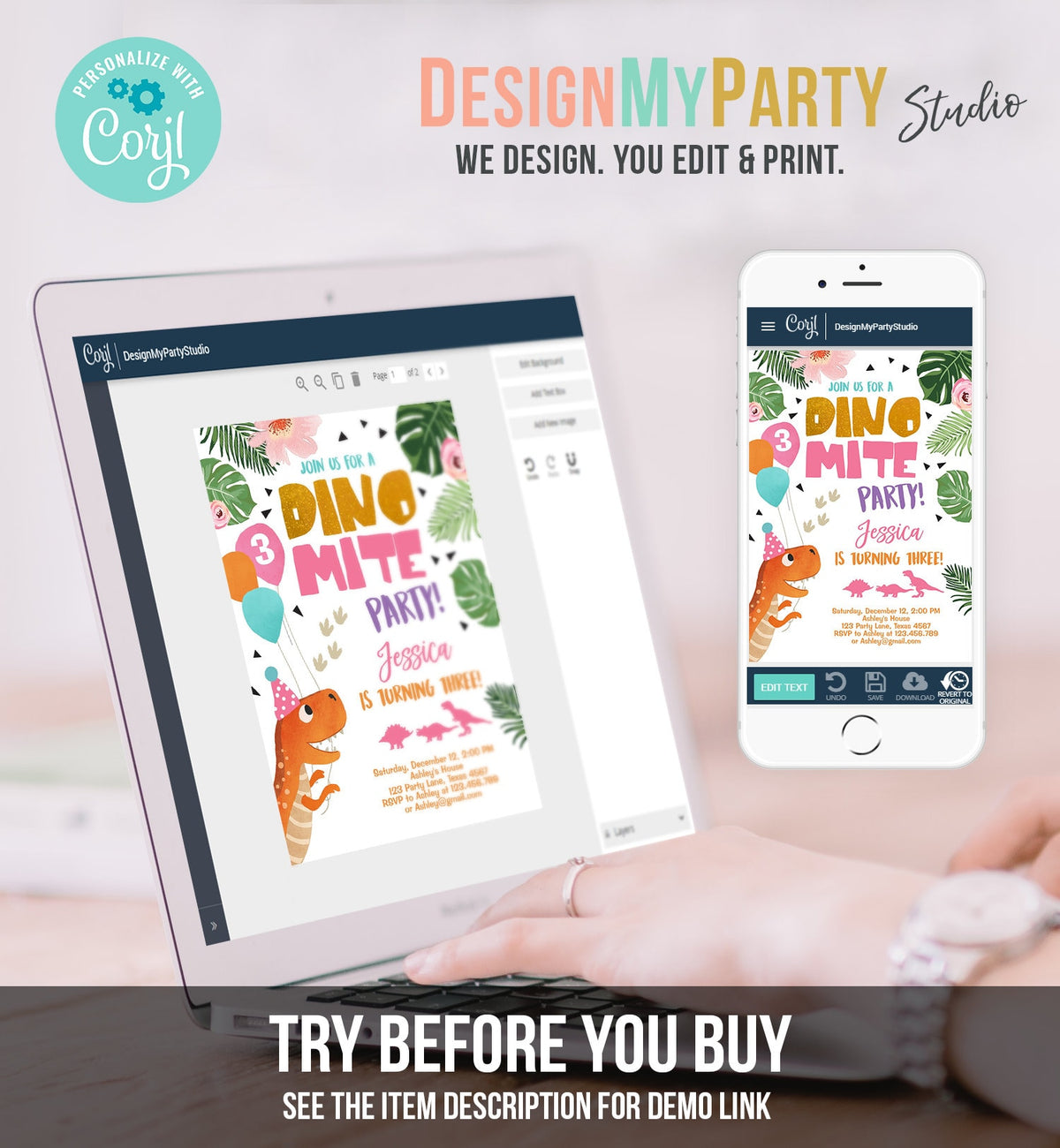 Editable Gold Dinosaur Birthday Invitation ANY AGE Dino Party T-Rex Prehistoric Rawr Girl Pink Gold Download Printable Corjl Template 0074